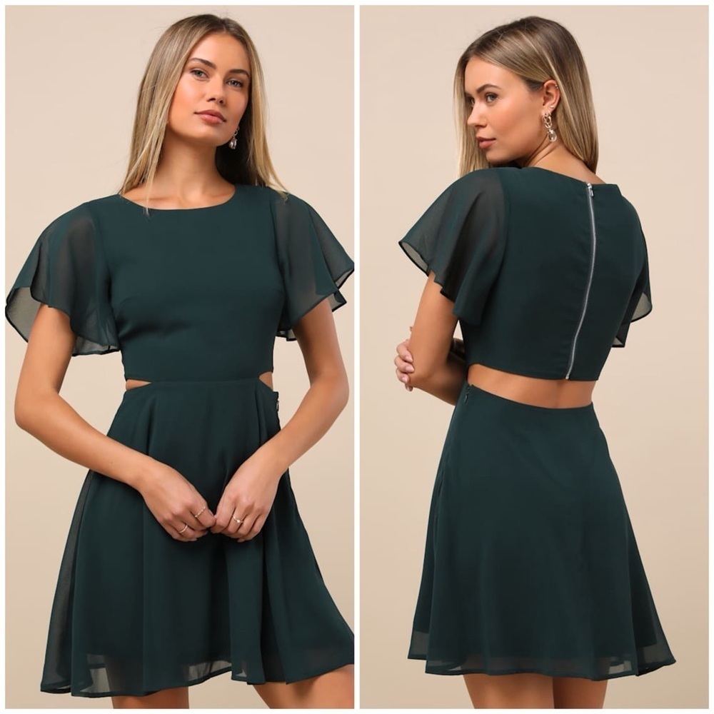 LULU’S Blissful Love Dark Green Cutout Mini Skater Dress